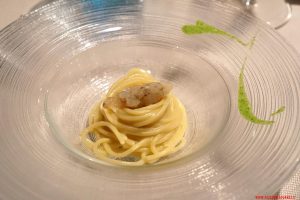 Spaghetti con tartare di mazzancolle e salsa di vongole, Cucina Bacilieri, Ferrara