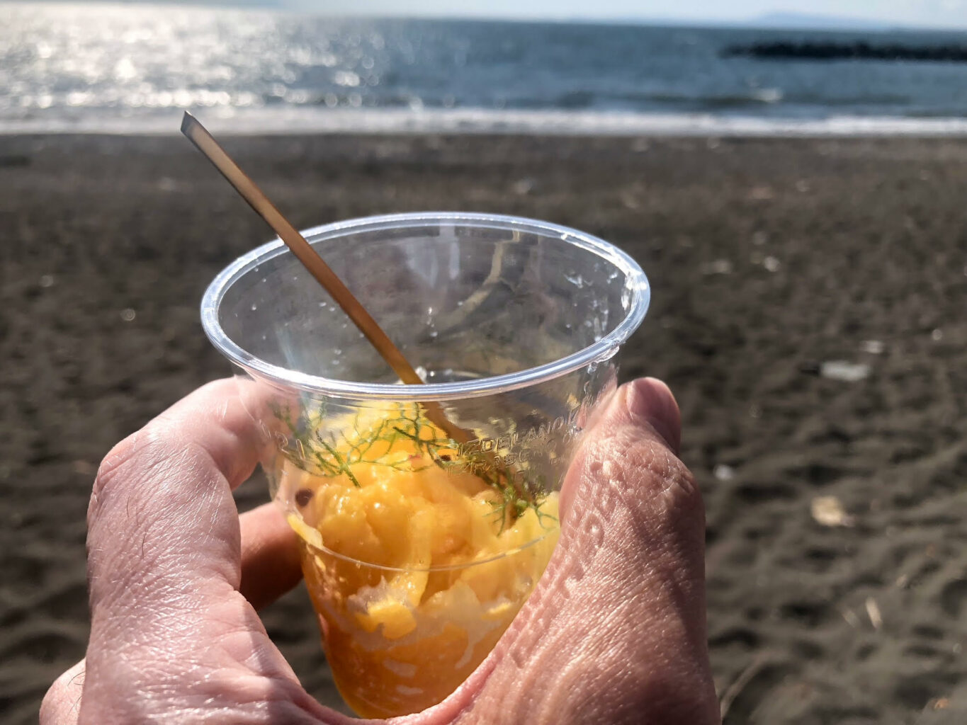Kakigori rinfrescante con infusione di petali di rosa, kumquat emulsionato con evo, pepe rosa e finocchietto selvatico, da degustare direttamente sul mare.