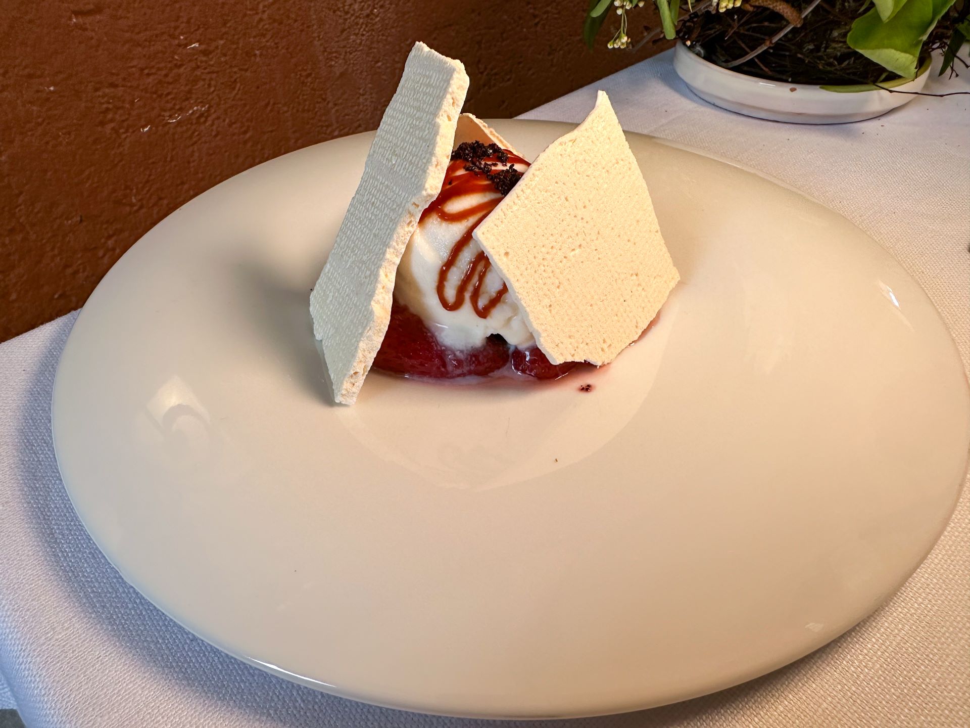Pavlova: fragole al vapore , gelato al latte di capra della Valsabbia , bacche di sambuco , rosa canina , meringa.