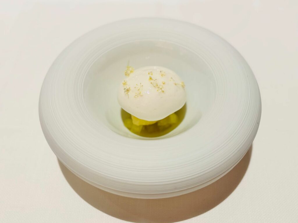 La freschezza che anticipa il dessert, a base di mela agrumi e sambuco.