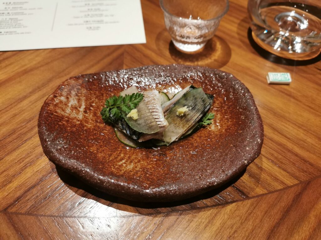 Sakizuke - ‘Shime Saba’ maccarello, zenzero, cetriolo, wasabi, cedro di Kohaku, Roma.