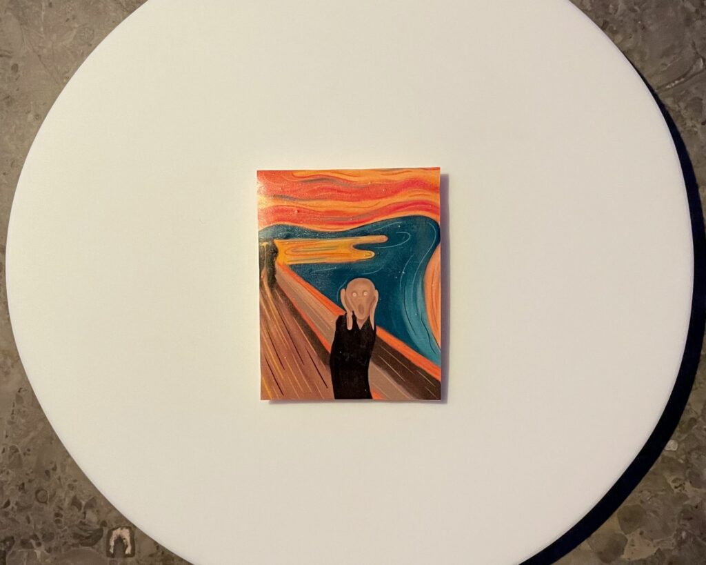 The Scream. sotto la tela commestibile ci sono zafferano, Cointreau, liquirizia e mandarino in diverse consistenze. 