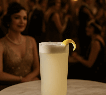 Un bicchiere di Giz Fizz con scorza di limone