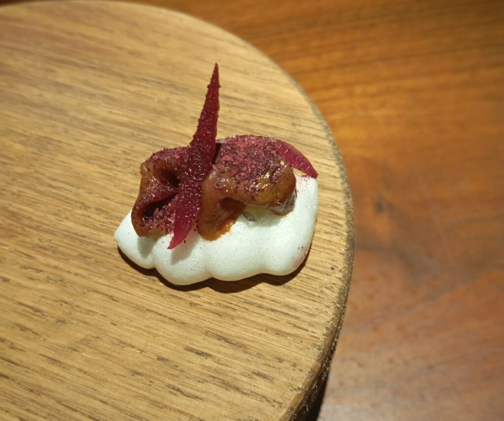 Meringa al limone, fegato di manzo, ibisco e cipolla.