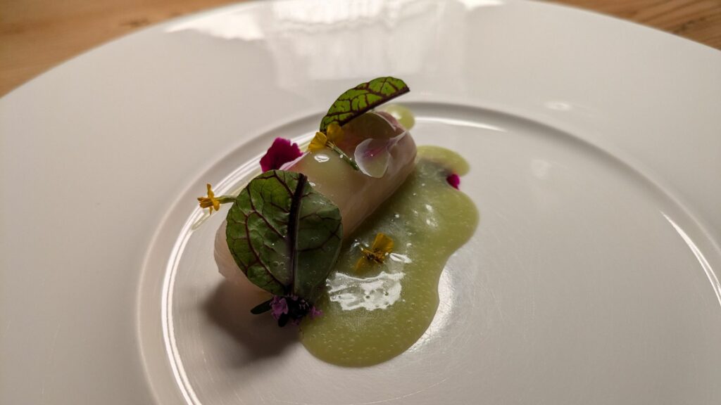 Siluro, acqua di pomodoro, idrolato di salicornia e anice del ristorante El Molin