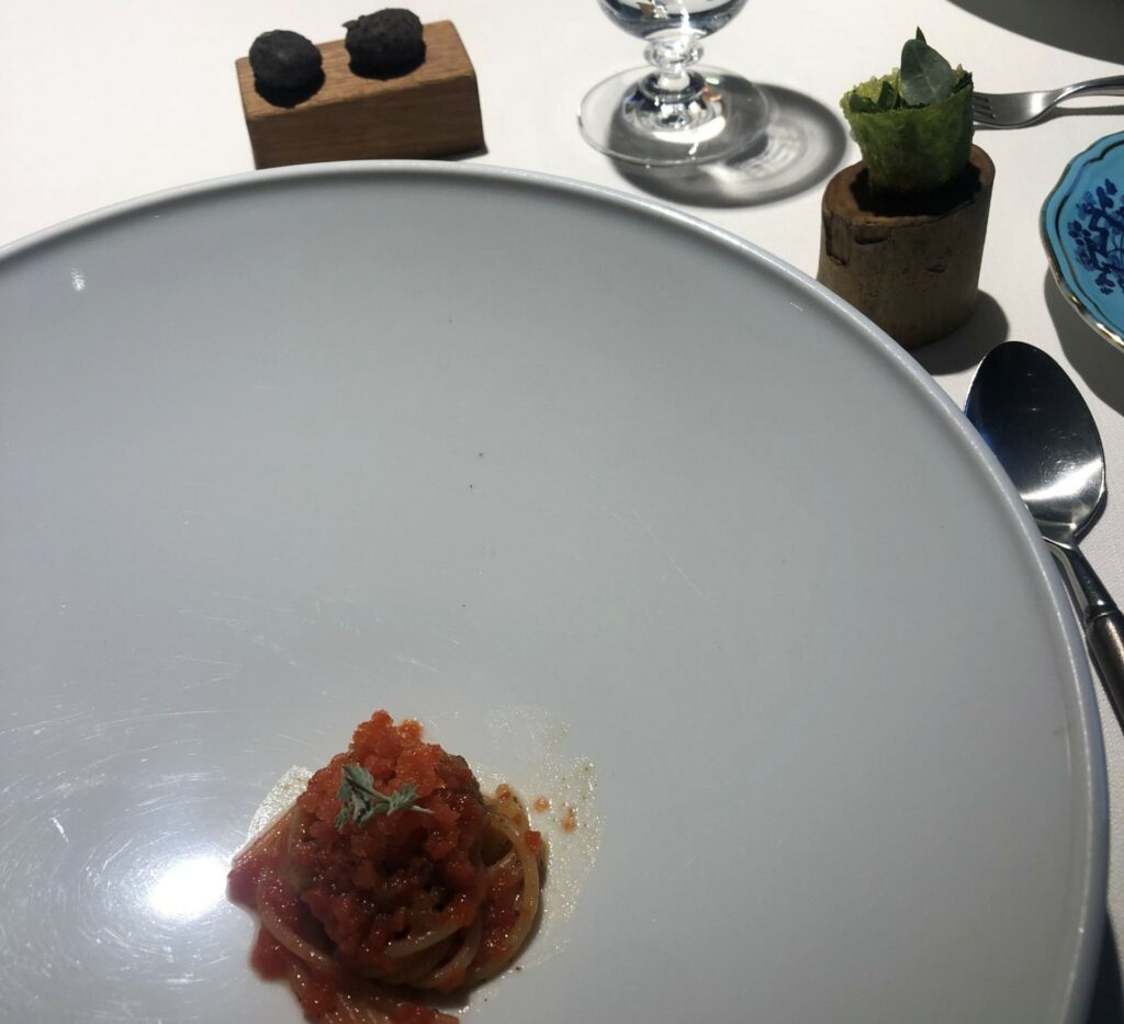 Amuse bouche del ristorante Mater:
Spaghetto Campari, limone nero
Cestino di erbe e fiori
“Sasso” di pompelmo, olive bacche di sambuco.