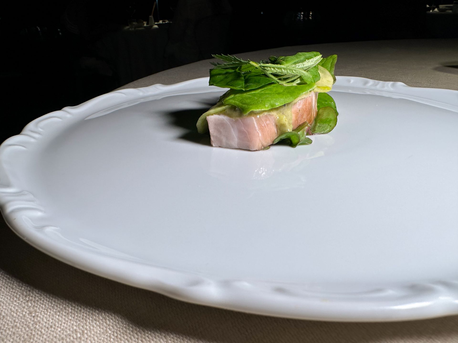 Ricciola in verde: ricciola arrosto salsa al pomodoro verde, cetriolo yogurt e spinacio selvatico di Dario Pandolfo