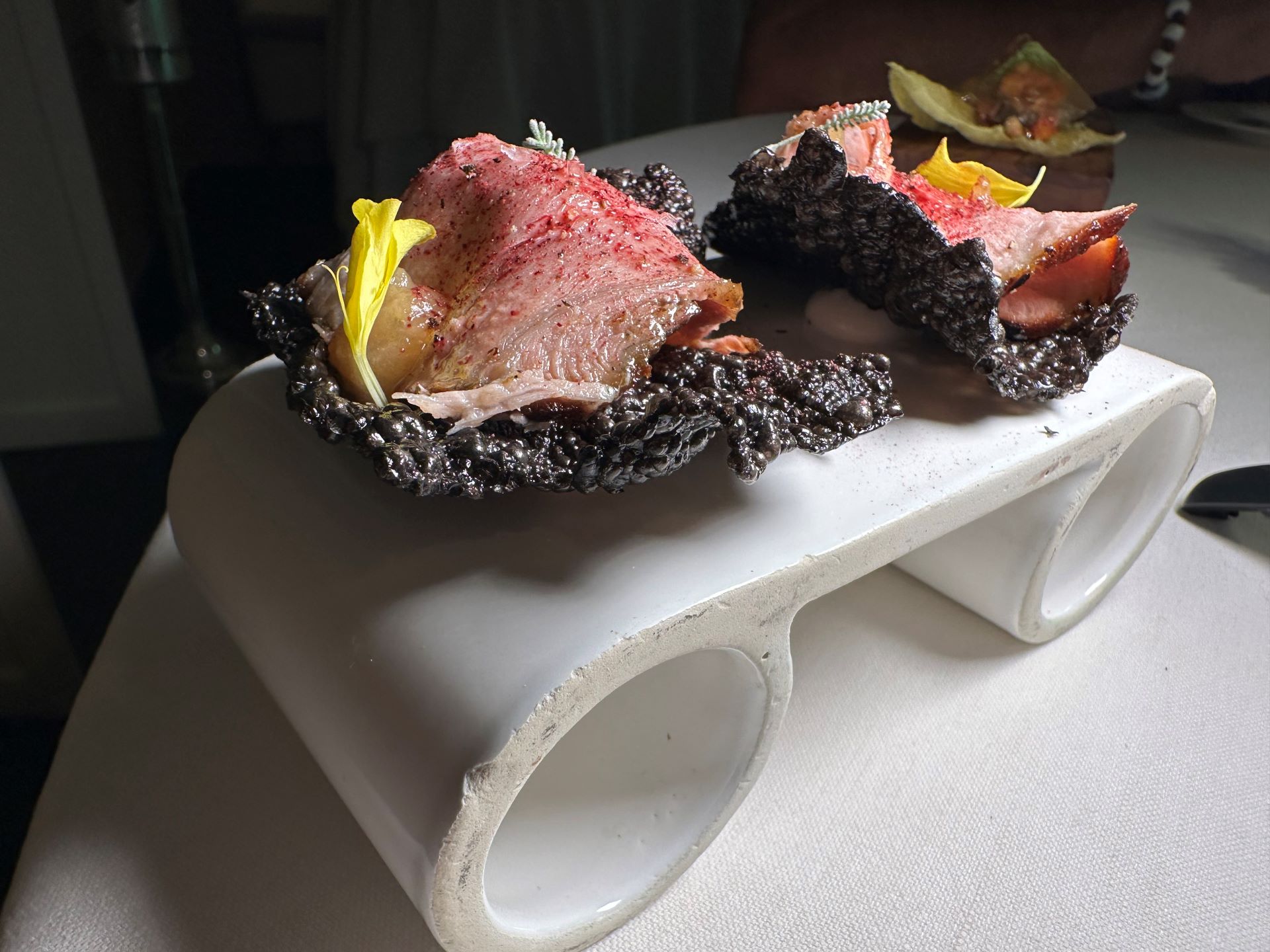 Chips al nero di seppia con ponzu siciliana, melone cantalupo, pinoli e ventresca di tonno rosso.