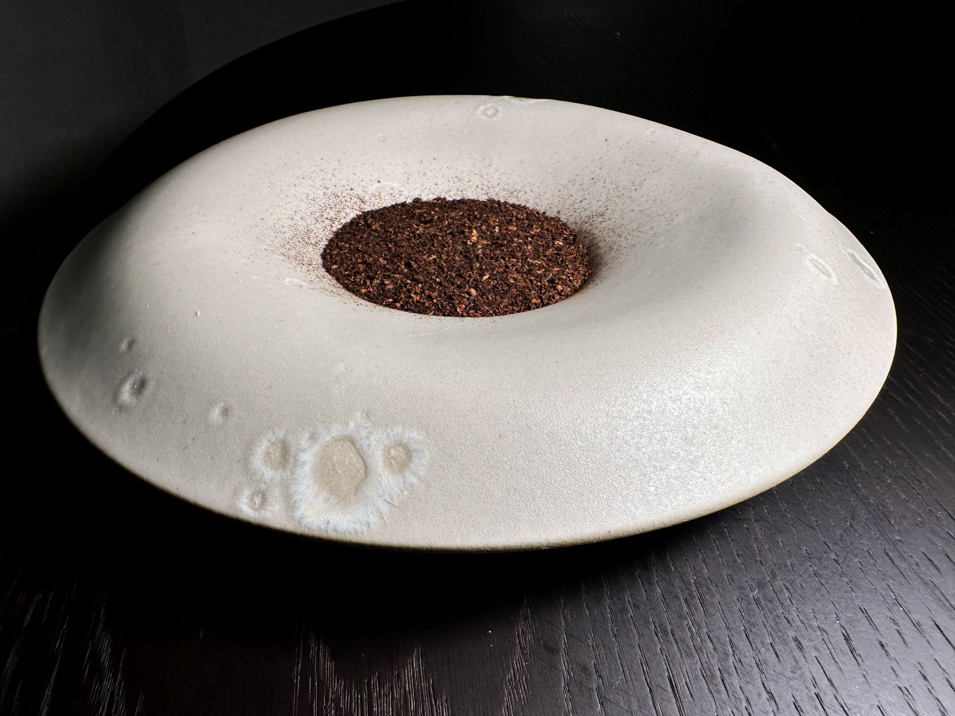 Il piatto migliore dell'esperienza al Rebis. Risotto, crema di lievito tostato, polvere di liquirizia e porcino, verza fermentata e poi bruciata.