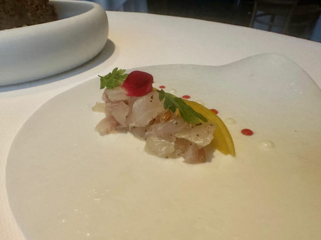 Cernia dry age, polvere di olive, susine e aglione (secondo servizio).