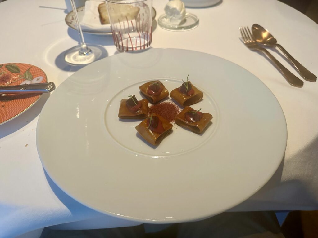 Paccheri, polvere di sommacco, umeboshi di amarene, genovese di cipolla