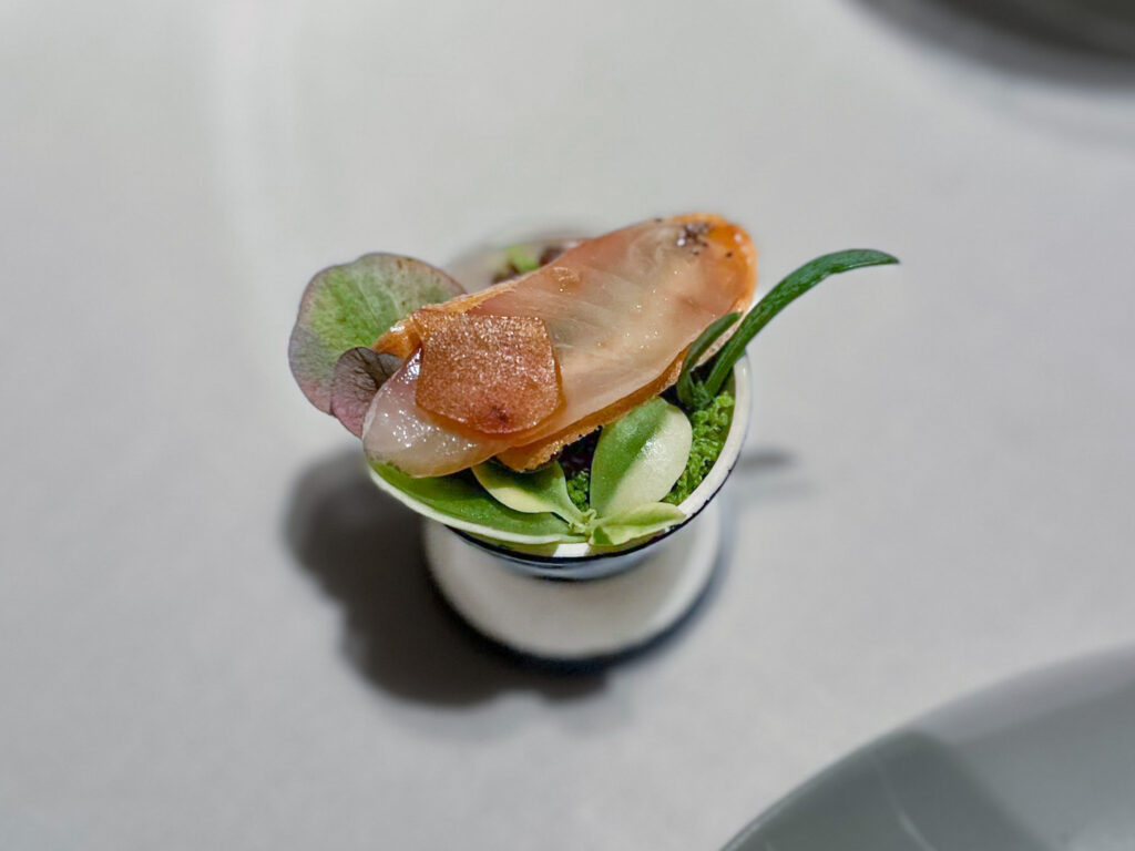 Primo canapé: dentice e bottarga.