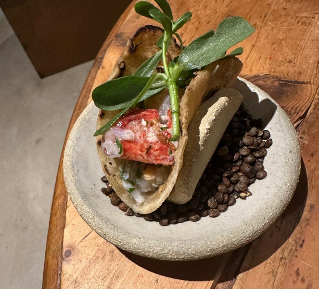 Tacos di chele di aragosta crude e portulaca