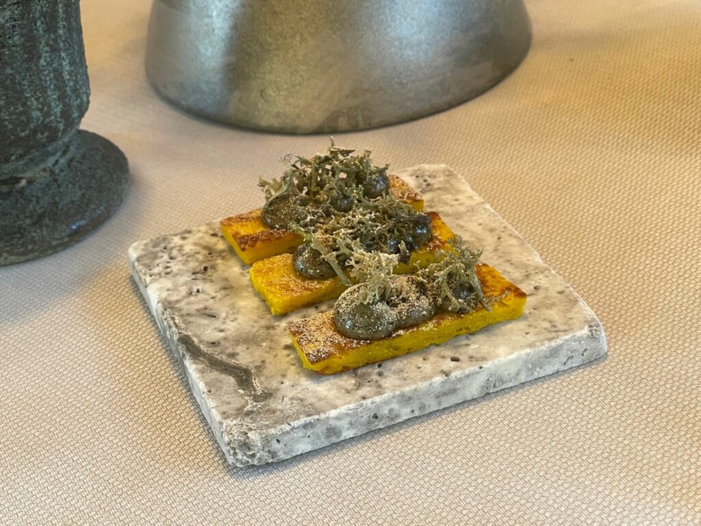 Pane al forno con crema di funghi trombette e lichene cladonia fritta.