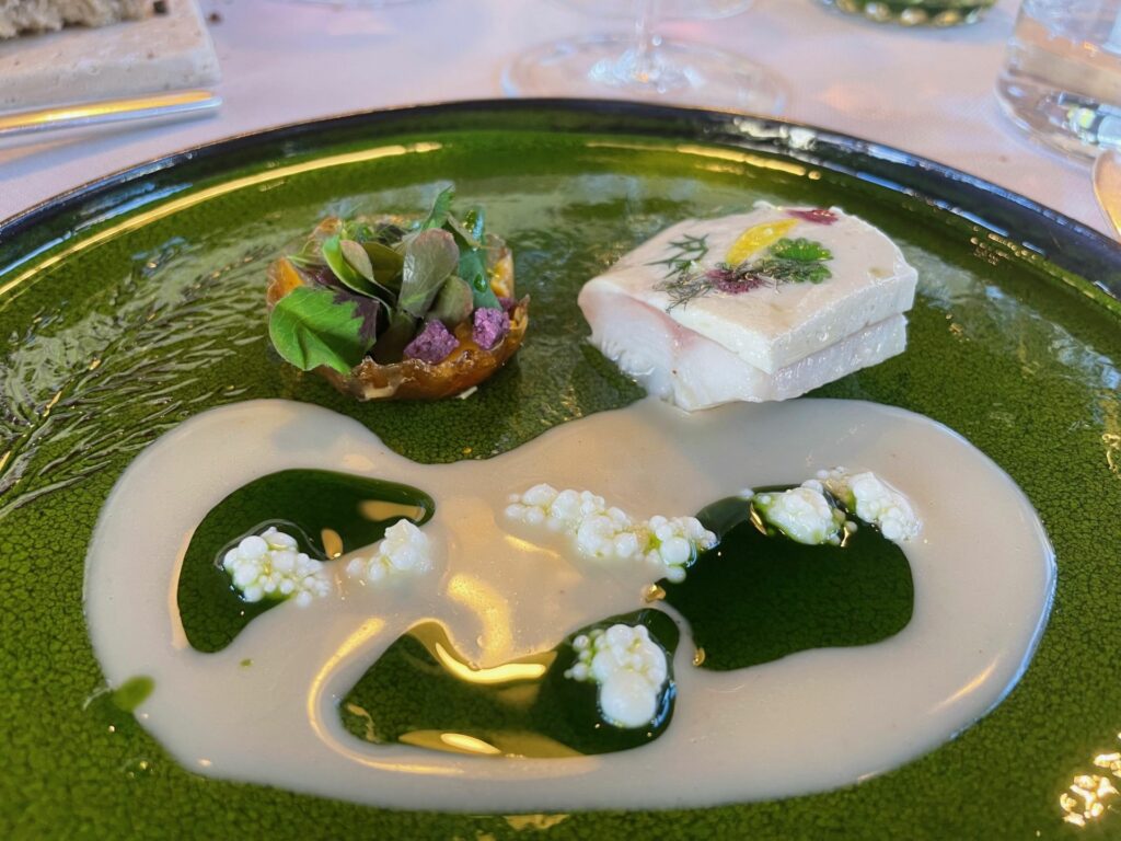 Salmerino con infusione bianca alla melissa, olio all'erba di grano e tartelletta gelificata con 5 erbe spontanee.