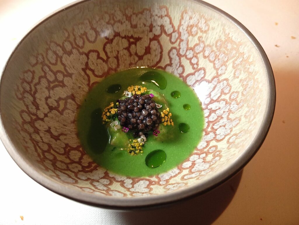 Zuppa di erbe selvatiche, anguilla, mela verde e caviale di Oreade