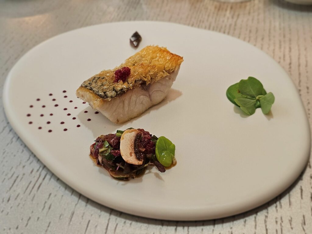 Branzino selvaggio con le scaglie croccanti, gel all'aceto di Barolo, acciuga affumicata, salsa al tonno rosso, yogurt e spinaci, insalata di cipolle rosse, shiso, fave e champignon