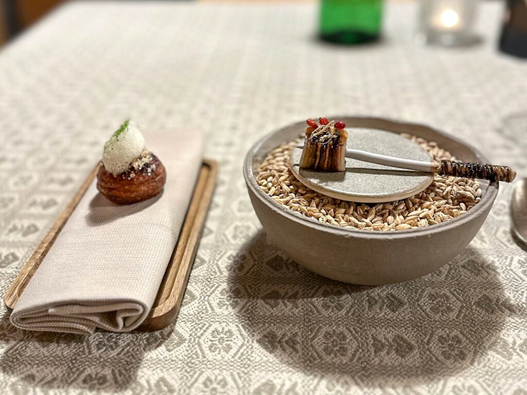 Bignè Pralina di segale ripiena di marmellata di speck e cipolla, polvere di erba cipollina e aria al cumino e Foresta allo spiedo Mela, rape, funghi, bresaola di cervo fatta in casa, crespino e crema di senape di Bad Schörgau