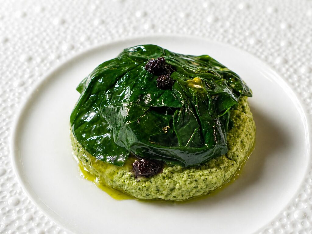 Chiocciole, millefoglie, ricotta, salsa verde, mirtillo rosso