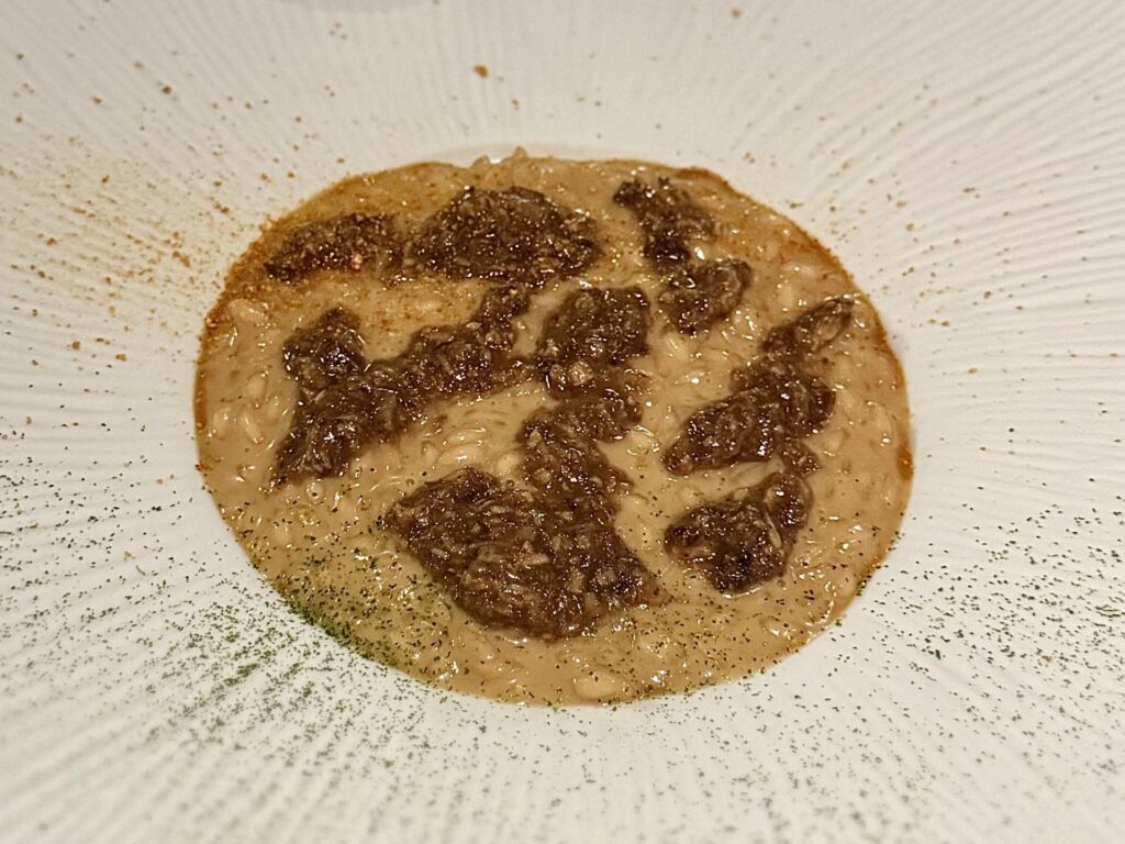 Riso Carnaroli mantecato con estratto di verza, purea di clementine e ragout di selvaggina a piuma.