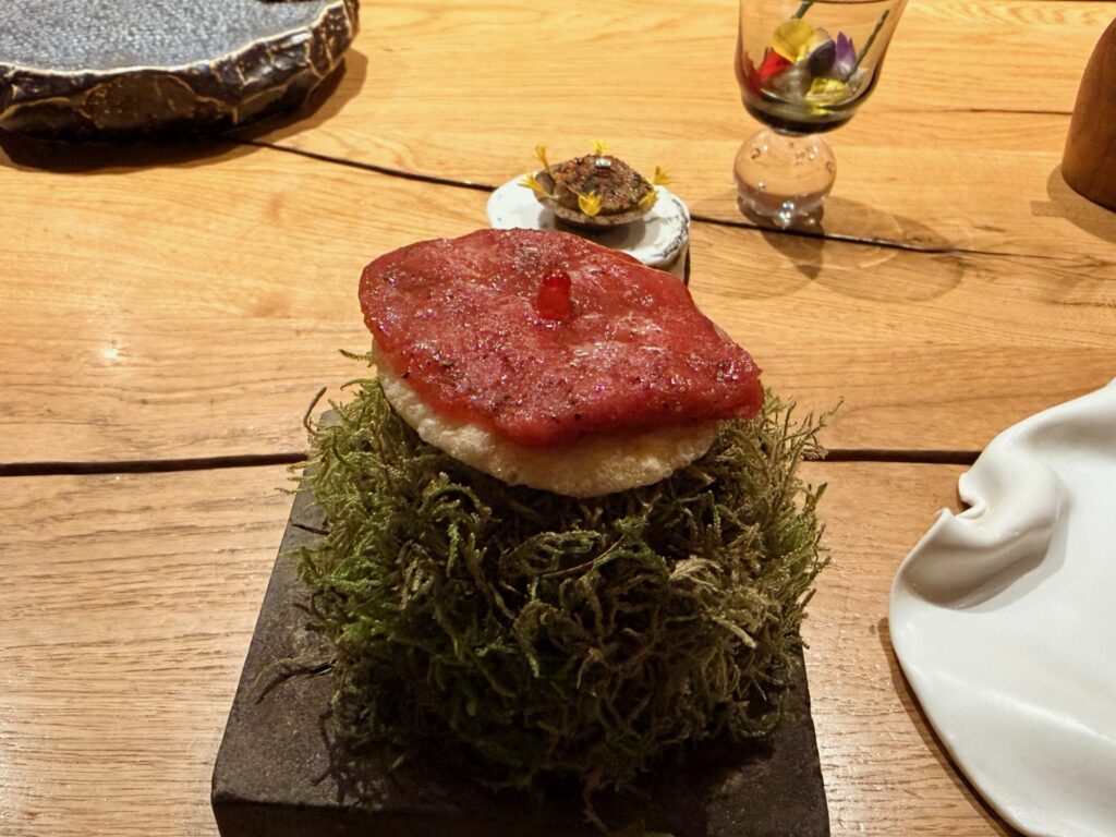 Biscotto di galanga, manzo Limousine cotto in diversi modi, vinaigrette con acqua di soia tostata e Campari