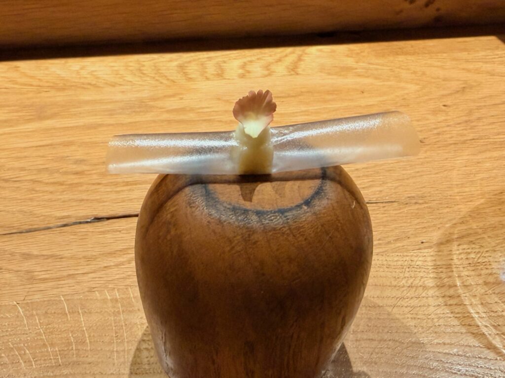Pastinaca agrodolce in stile “barigoule”, foglia di patata, condimento di pastinaca all’aceto di sidro.