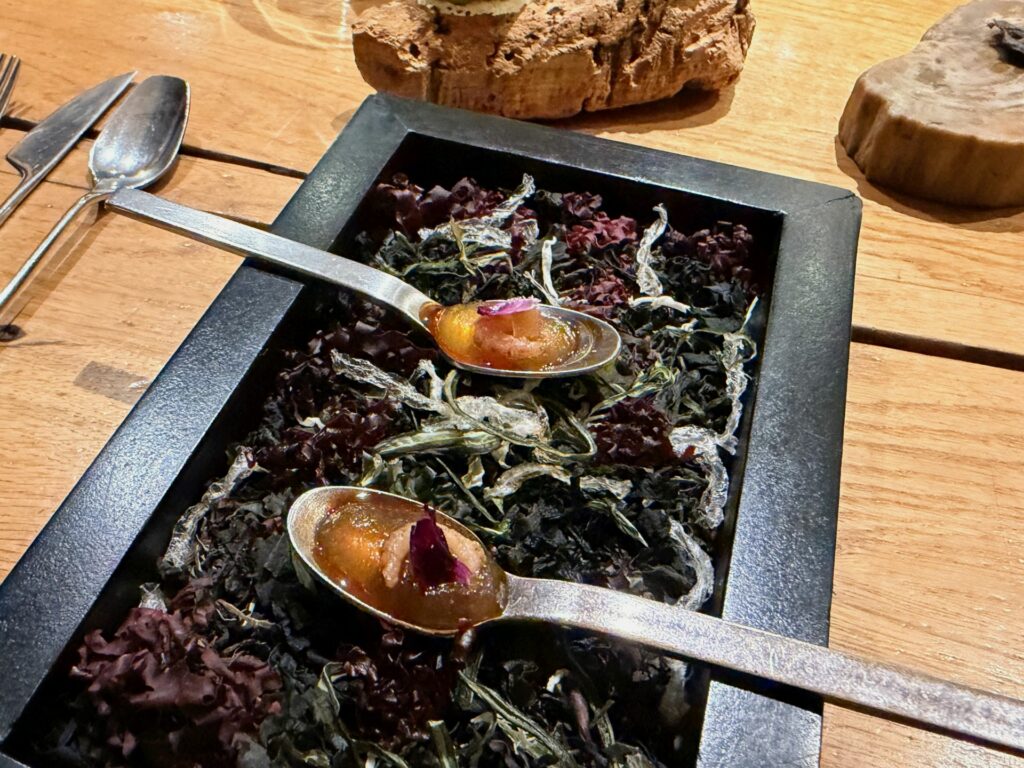 Gamberi grigi, katsuobushi, olio al peperoncino verde