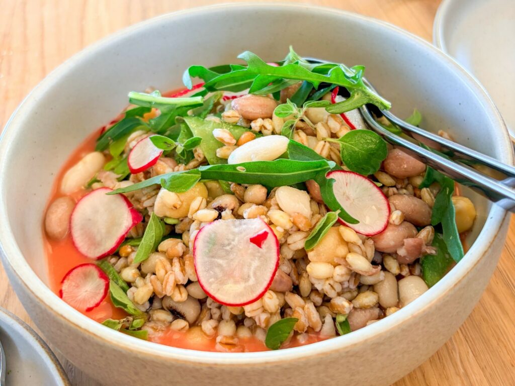 Insalata di farro ravanelli fagioli rucola e salsa di pomodoro