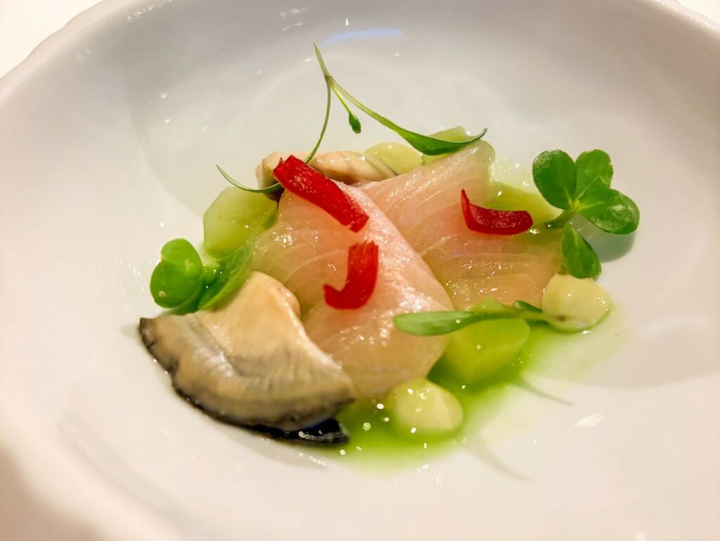 Hamachi marinato, ostriche affumicate, cetrioli e sottaceti