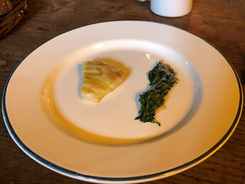 Trota Fario, senape selvatica alla brace, crema di patate e shio koji