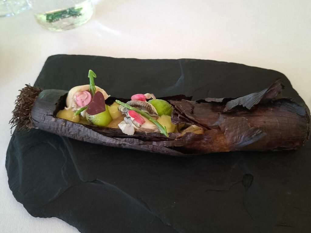 Porro alla brace, ostrica e kiwi dell' Osteria della Brughiera di Cortinovis