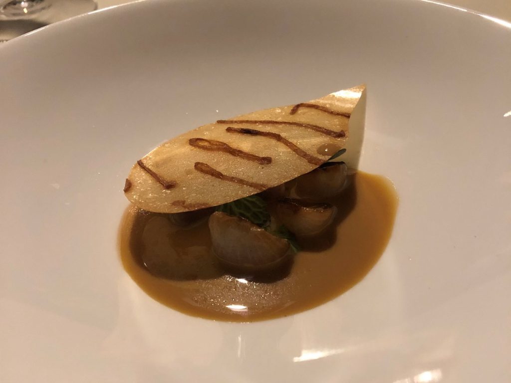 Dentice pochè, olio al caffè, cipolline borretane, salsa Pacifico ( acqua di cozze, fumetto del dentice e latte di cocco)
