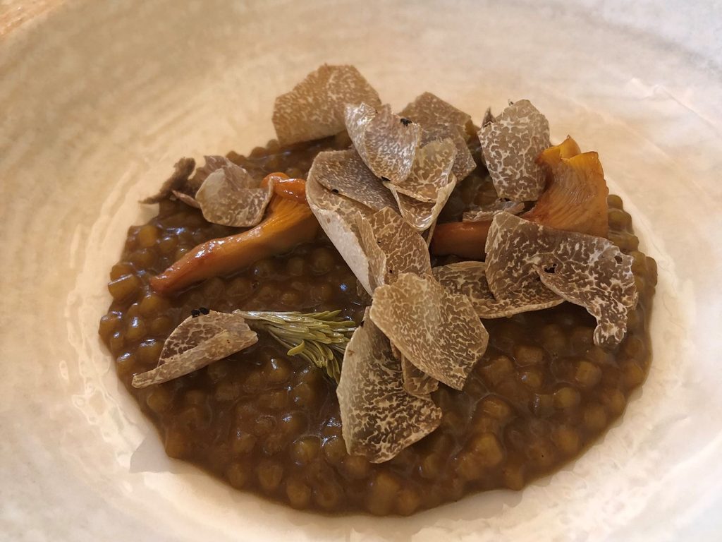 Grattoni, brodo di funghi e zafferano, germogli di Pino e tartufo